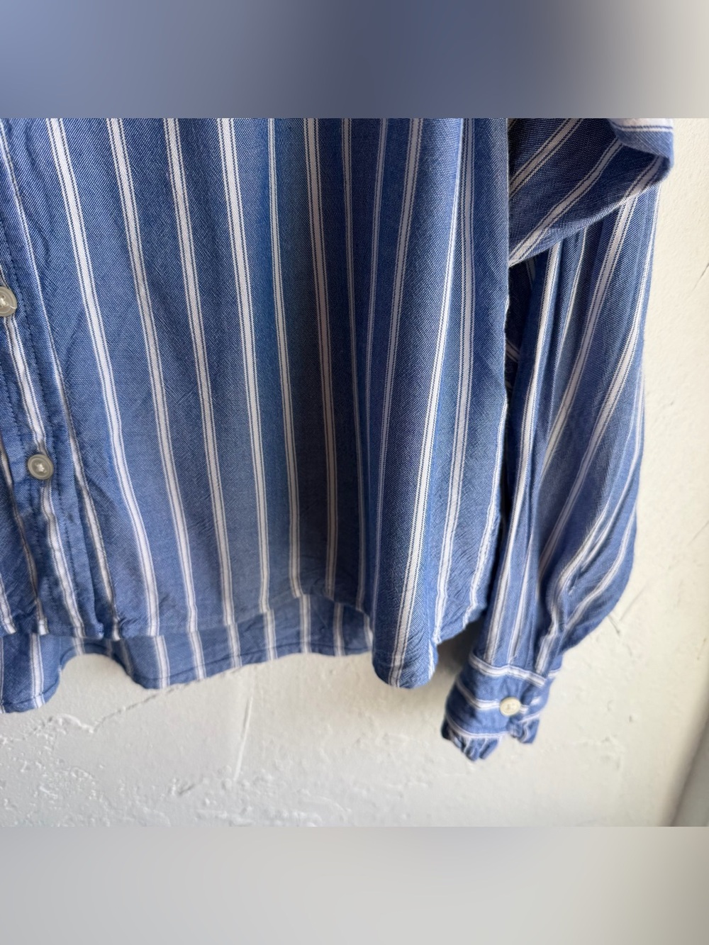 Loft blue and white stripe button down shirt with ruffled collar - Picture 7 of 8